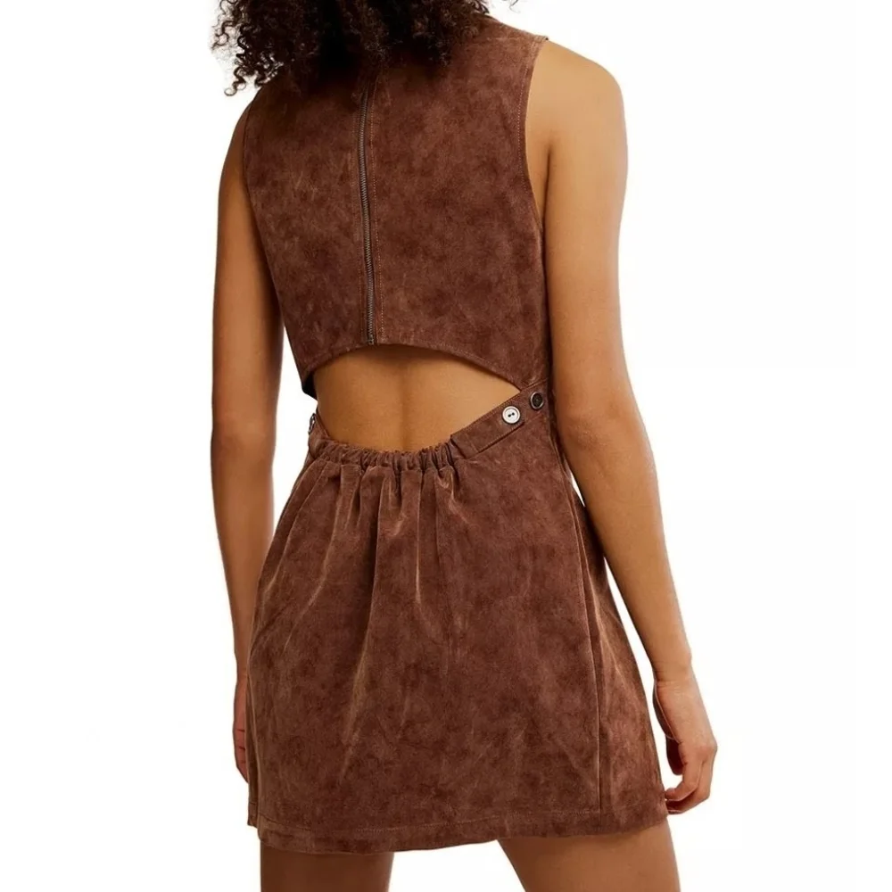 NWT Free People Atlas Sleeveless Faux Suede Mini Dress In Brown - L